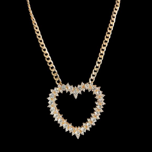 Gold Tone Heart Necklace Crystal Statement Chain Bling Iced Out Y2K Jewelry - Picture 5 of 8